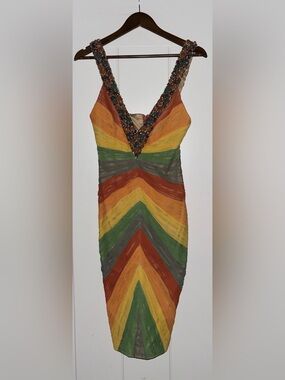 MANDALAY Privee Rainbow Stone Beaded Pleated Silk Elegant Cocktail Dress Women 6
